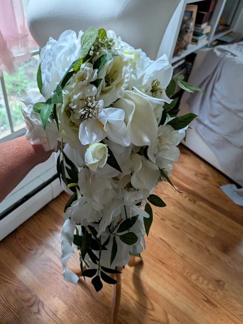 White Cascading Faux Floral Bouquet with Greenery